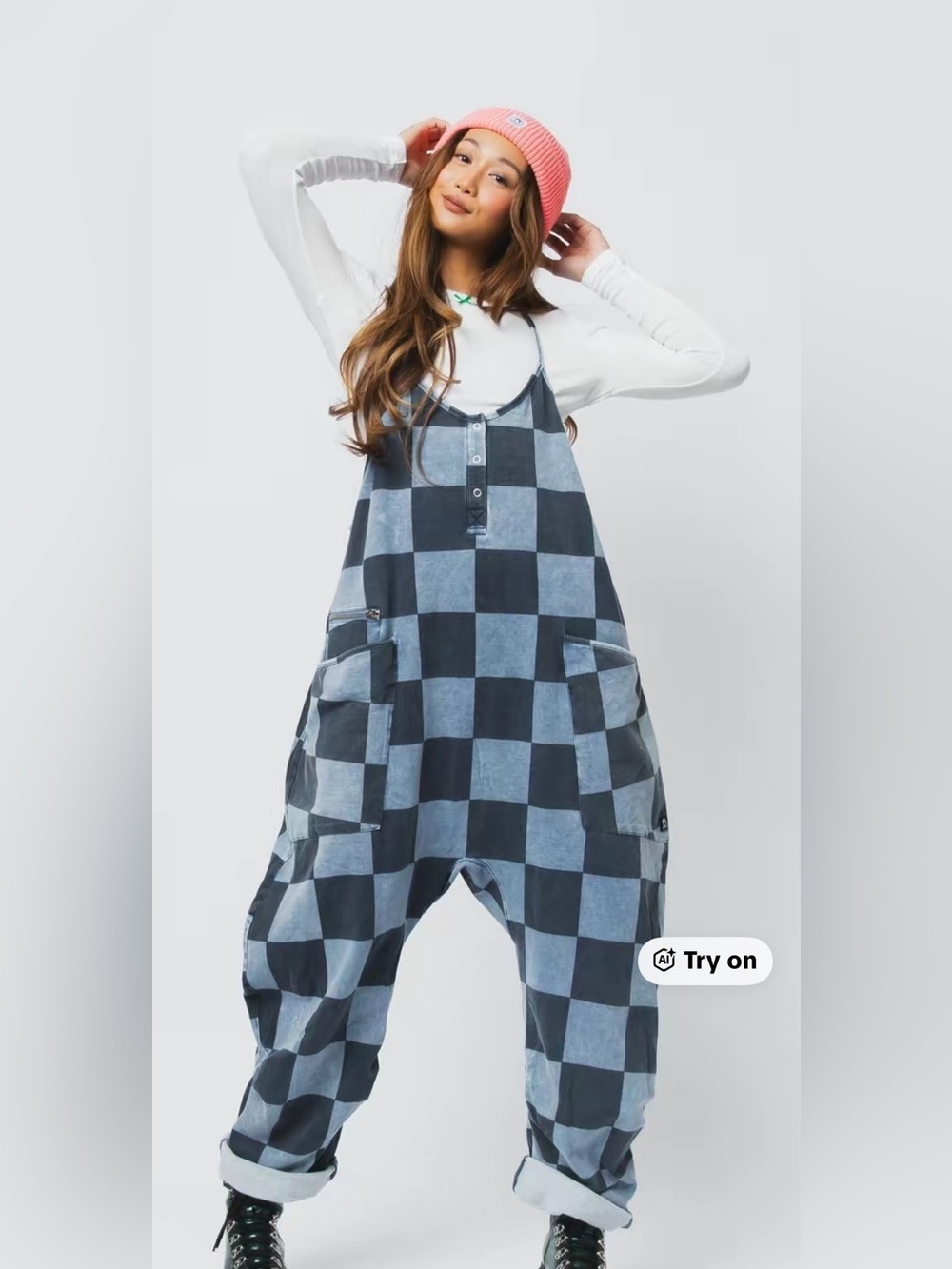 Checked Denim-Style Romper Jumpsuit in Blue